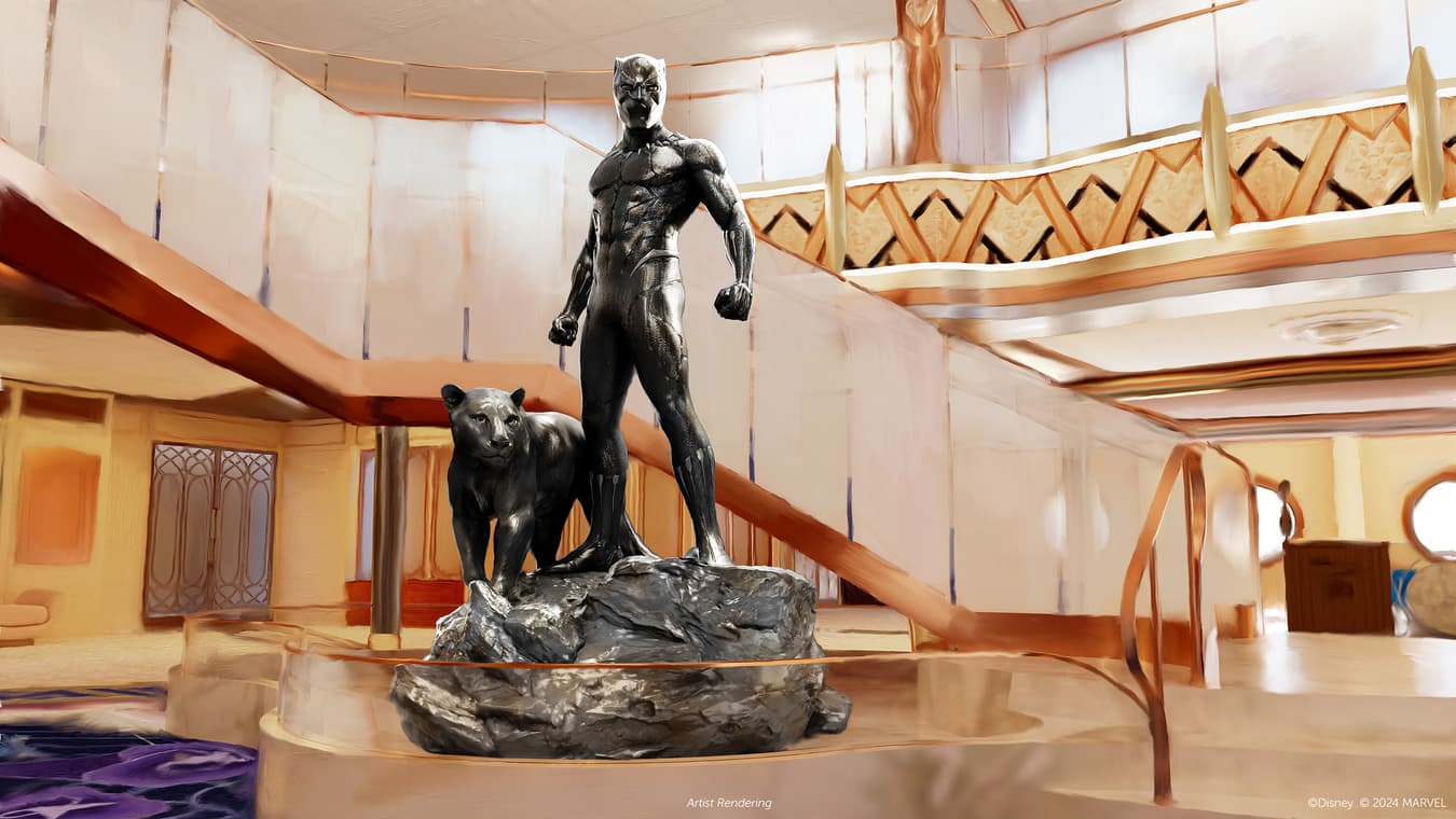 Black Panther statue in the Disney Destiny's Grand Hall