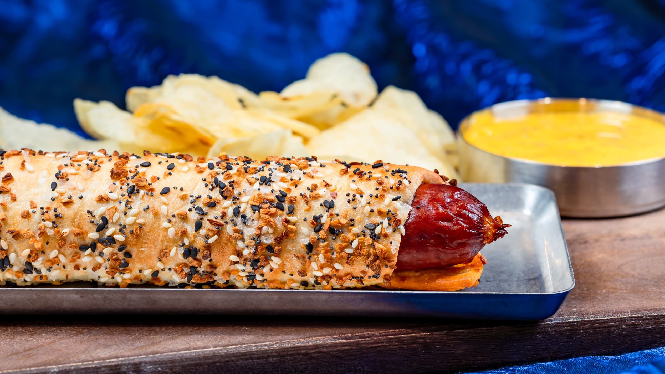 Wrapped Spicy Dog at Outdoor Vending Carts: Hot link wrapped in pizza dough topped with everything bagel seasoning