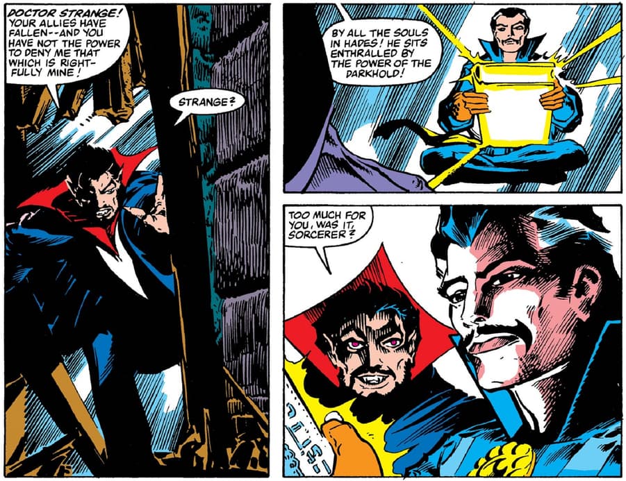 Strange enthralled by the power of the Darkhold in DOCTOR STRANGE (1974) #62.