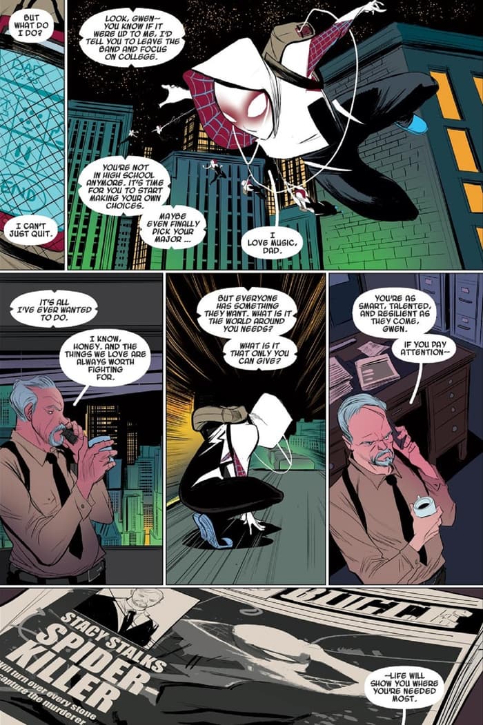 Spider-Gwen's first appearance in EDGE OF SPIDER-VERSE (2014) #2.