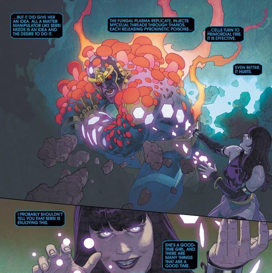 ETERNALS (2021) #6: Sersi coats Thanos in a deadly fungus.