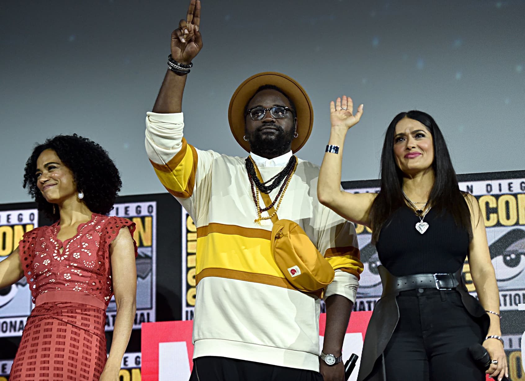 Lauren Ridloff, Brian Tyree Henry, and Salma Hayek