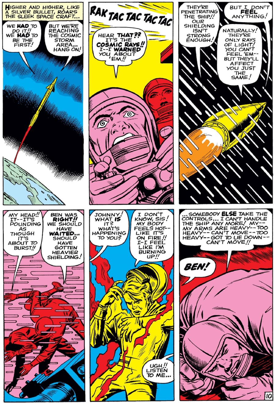 The Fantastic Four are bombarded by cosmic rays.