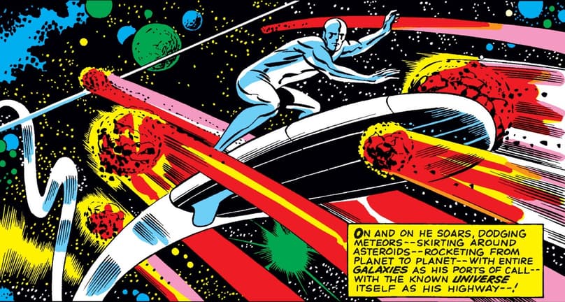 The SIlver Surfer's first apperance against a swirling, cosmic backdrop.