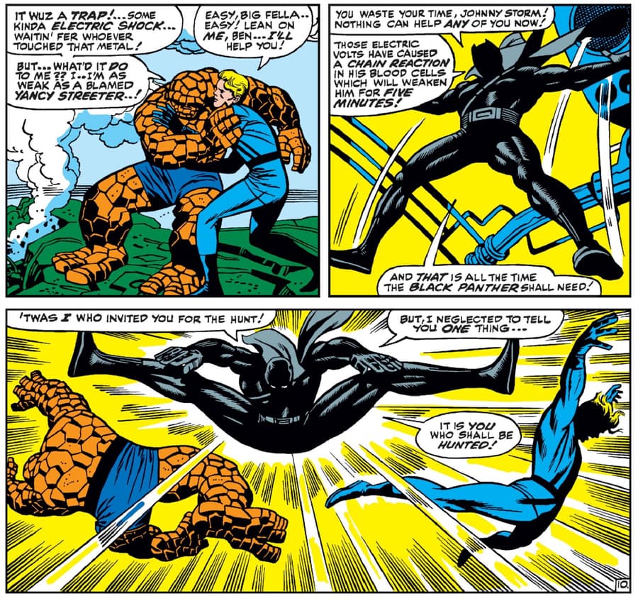 Black Panther gets the drop of the Human Torch and the Thing.