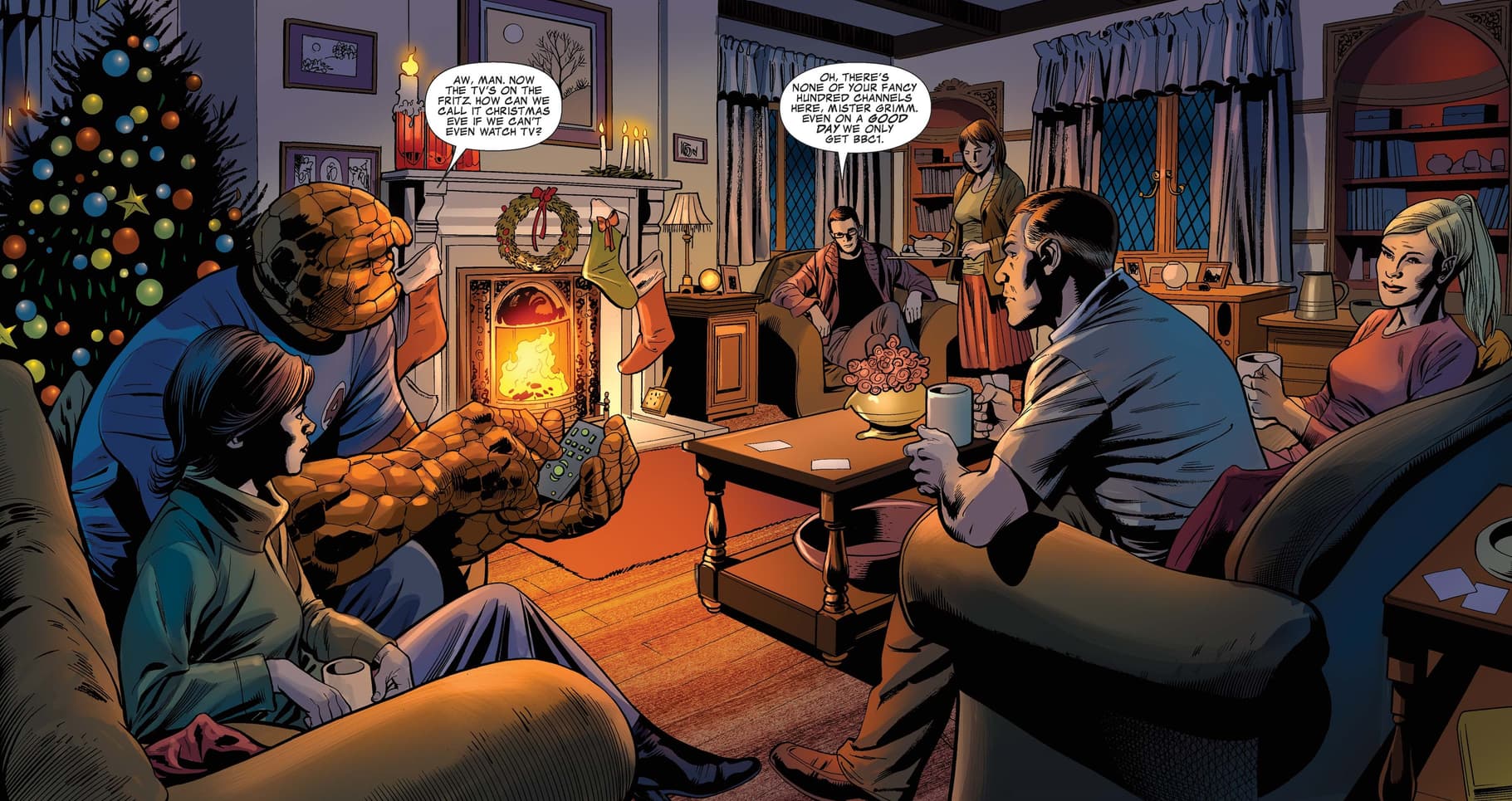 The Fantastic Four gather round the fire in a cozy holiday scene.