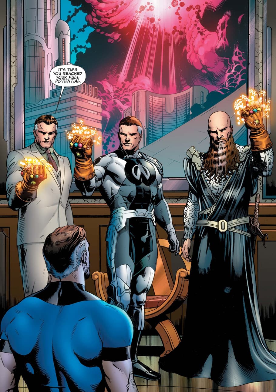 Reed Richards confronts his Multiverse counterparts, all wearing Infinity Gauntlets.