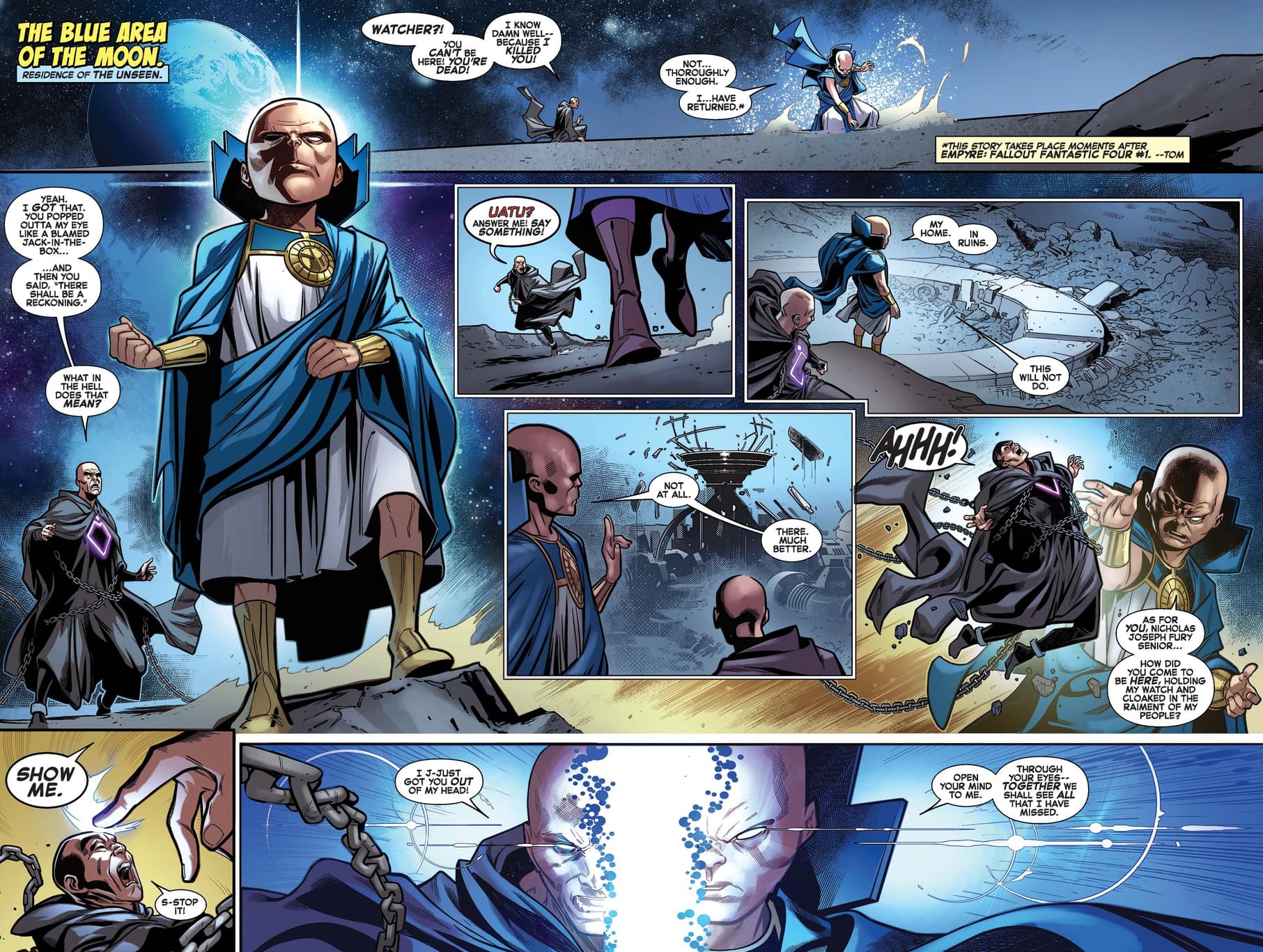 Uatu is resurrected and appoints Nick Fury in FANTASTIC FOUR (2018) #25.