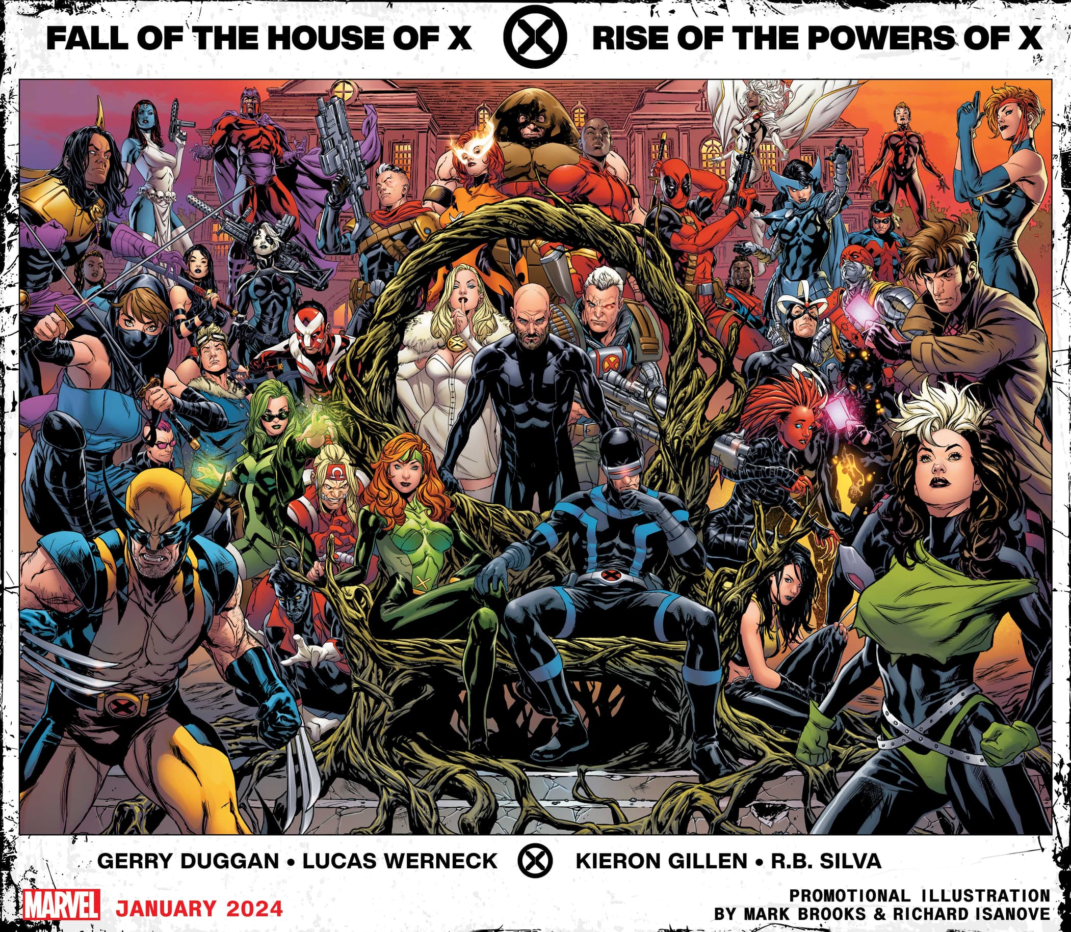 FALL OF THE HOUSE OF X (2024)/RISE OF THE POWERS OF X (2024) promotional artwork by Mark Brooks and Richard Isanove