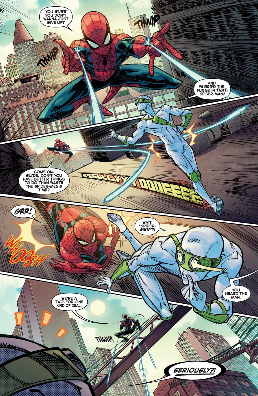 The Spider-Men protect New York in AMAZING SPIDER-MAN: GANG WAR FIRST STRIKE (2023) #1.