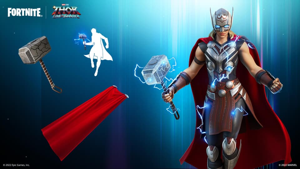 Mighty Thor Outfit default Style, Mighty Thor’s Cape Back Bling, Reformed Mjolnir Pickaxe default Style, Mjolnir’s Flight Glider