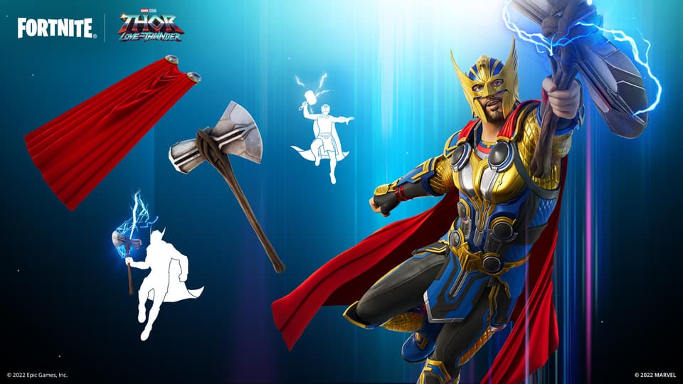 Thor Odinson Outfit default Style, Thor’s Cape Back Bling, Stormbreaker Pickaxe default Style, Stormbreaker’s Flight Glider, Bring The Hammer Down Emote