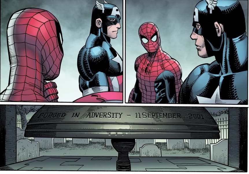 Spider-Man and Captain America pay respect to the fallen victims and heroes of 9/11.