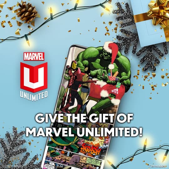Hulk and Spider-Man celebrating Christmas on a mobile device.