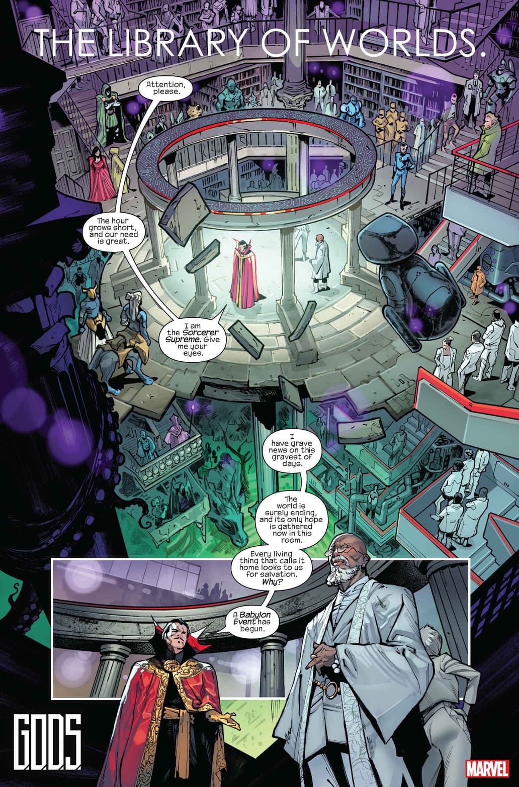 G.O.D.S. #1 page by Jonathan Hickman, Valerio Schiti, Marte Gracia, and VC's Travis Lanham