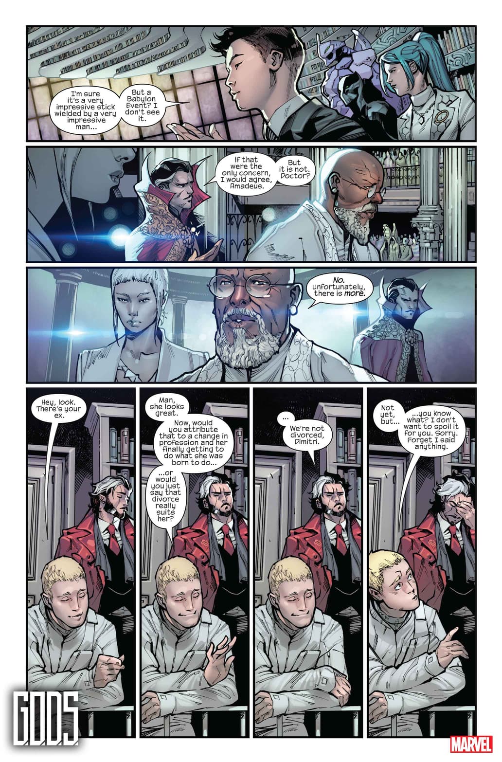 G.O.D.S. #1 page by Jonathan Hickman, Valerio Schiti, Marte Gracia, and VC's Travis Lanham