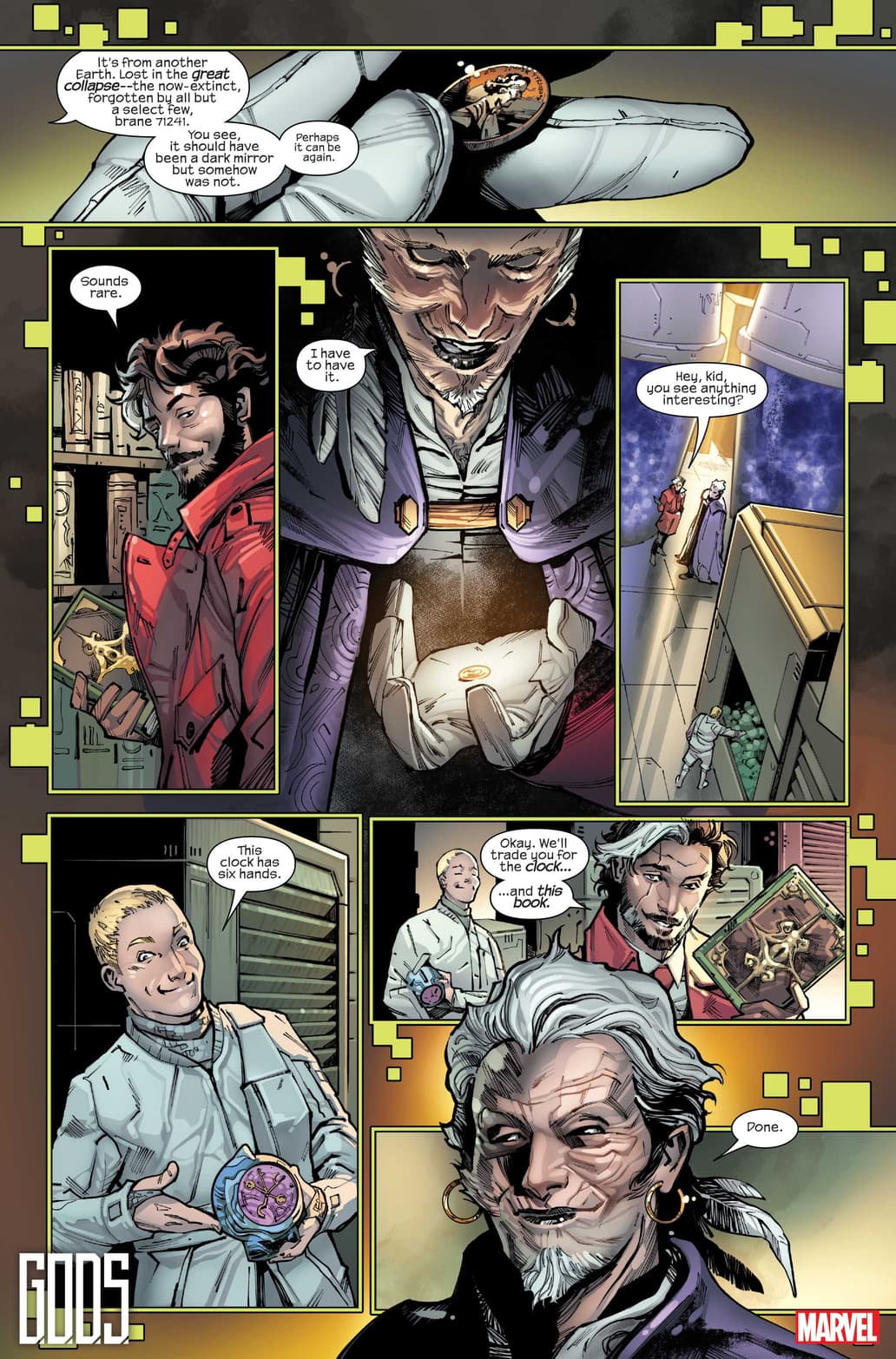 G.O.D.S. #1 page by Jonathan Hickman, Valerio Schiti, Marte Gracia, and VC's Travis Lanham