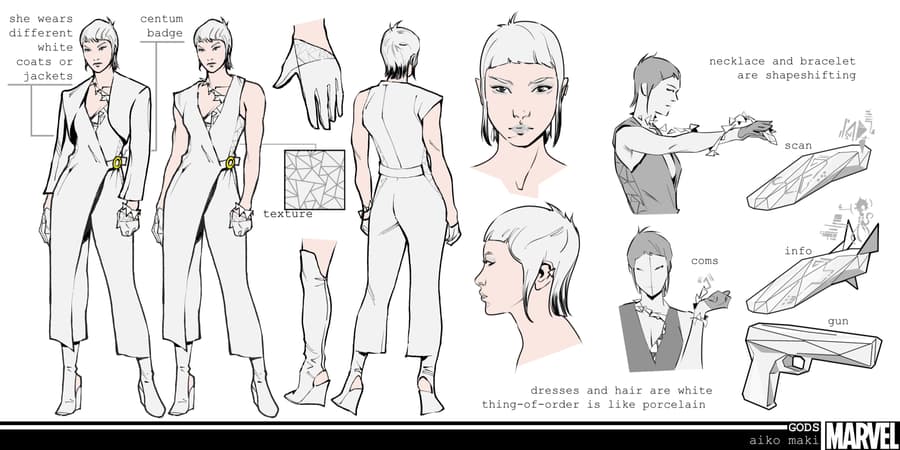 G.O.D.S.: Aiko Maki character design sheet by Valerio Schiti