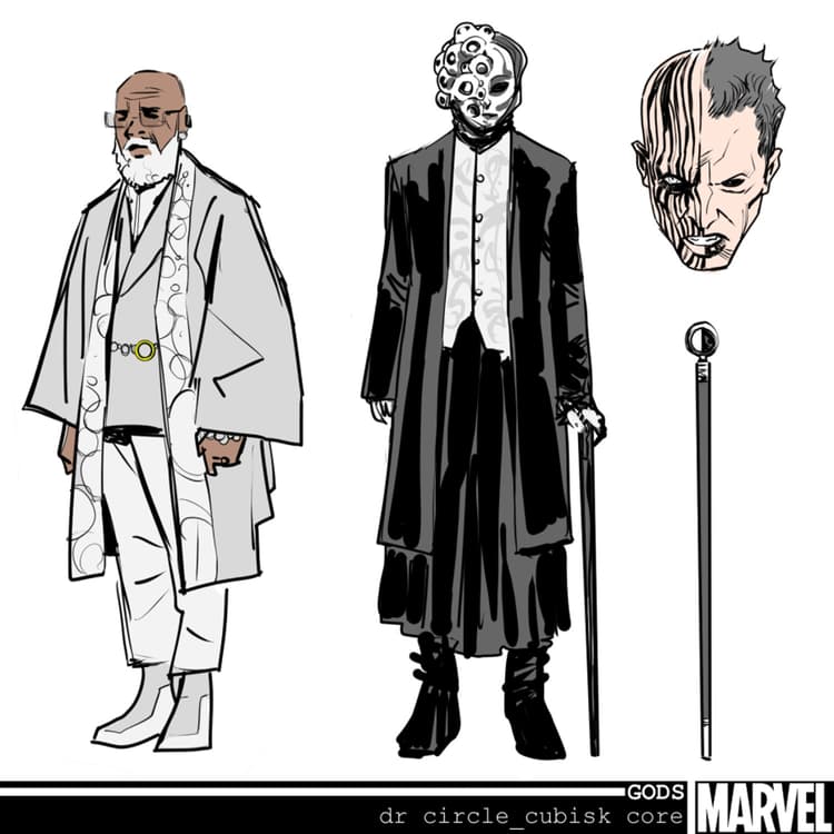 G.O.D.S.: Doctor Saint-Maur Cercle, Second Centivar of the Centum (left) and Cubisk Core (right) character design sheet by Valerio Schiti