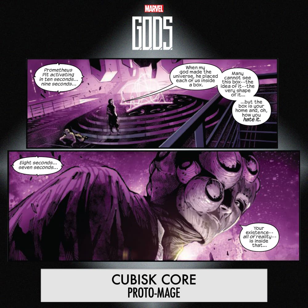 G.O.D.S. #1 panels by Jonathan Hickman, Valerio Schiti, Marte Gracia, and VC's Travis Lanham