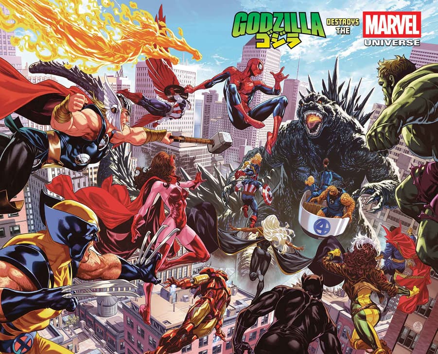 GODZILLA DESTROYS THE MARVEL UNIVERSE (2025) #1 cover by Mark Brooks