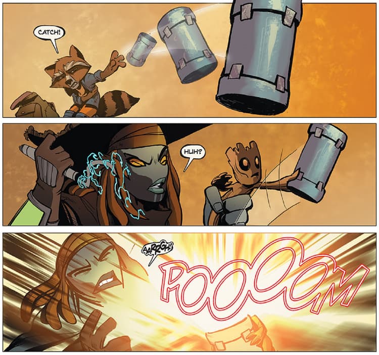 Groot saves himself from bounty hunters.
