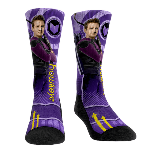 Clint Barton Sideplot Socks / shop it <a href=https://rockemsocks.com/products/hawkeye-title-sequence>here</a>