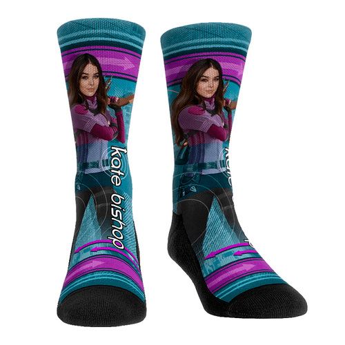 Kate Bishop Sideplot Socks / shop it <a href=https://rockemsocks.com/products/hawkeye-kate-bishop-sideplot>here</a>