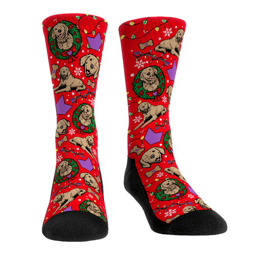 Pizza Dog holiday all-over socks / shop it <a href=https://rockemsocks.com/collections/marvel/products/hawkeye-lucky-holiday-all-over>here</a>