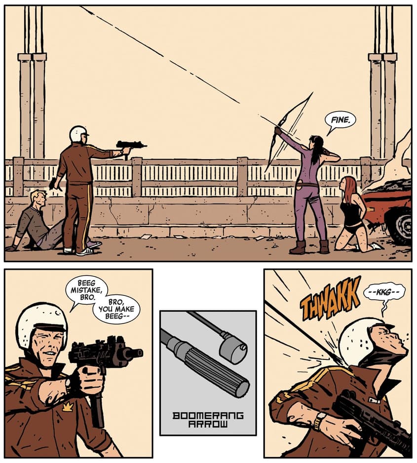 Hawkeye (2012) #3 featuring the Boomerang arrow trick.