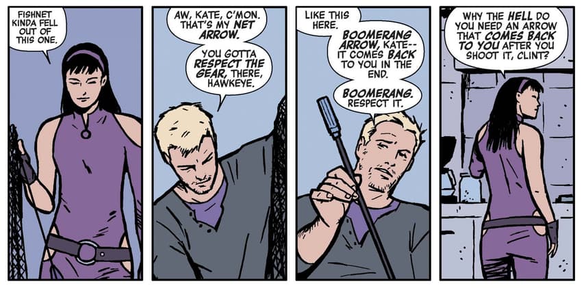Clint explaining trick arrows to Kate.