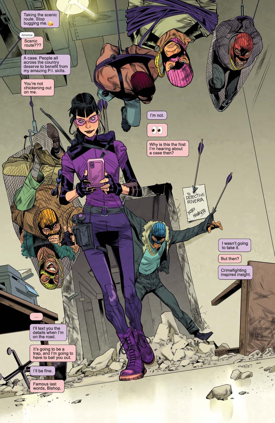 Kate Bishop makes easy work of crooks in HAWKEYE: KATE BISHOP (2021) #1.