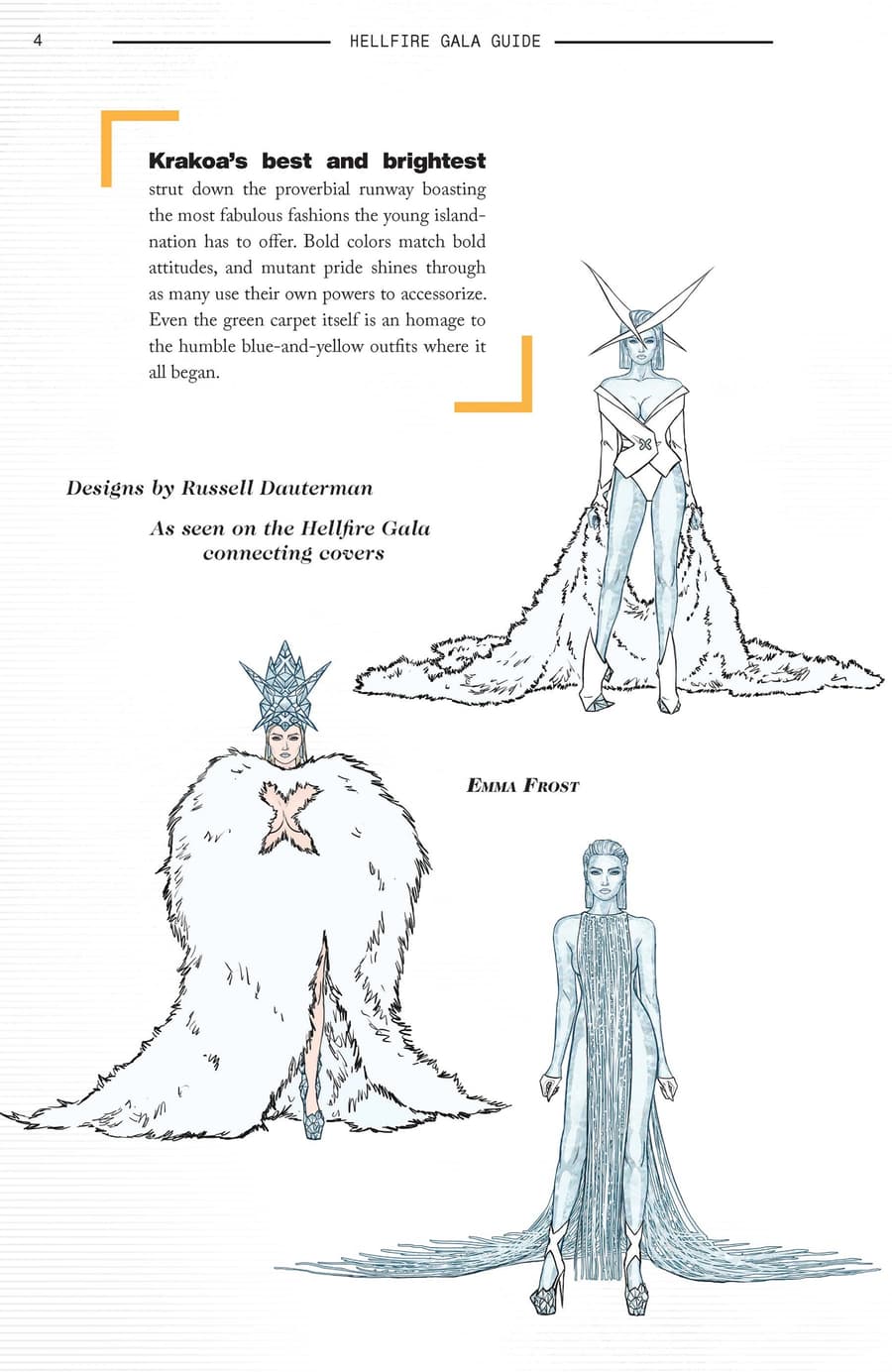 Emma Frost’s designs by Russell Dauterman in HELLFIRE GALA GUIDE (2021) #1.