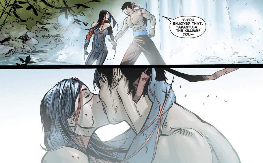 Shang-Chi and Tarantula share a kiss in the Savage Land.