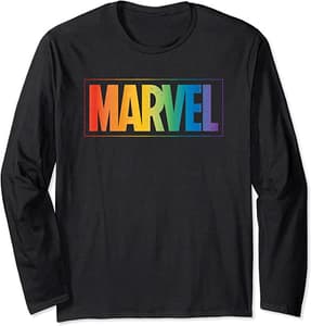 <a href=https://www.amazon.com/dp/B08XXX16LY>Marvel Logo in Rainbow Letters Long Sleeve T-Shirt</a> / Amazon