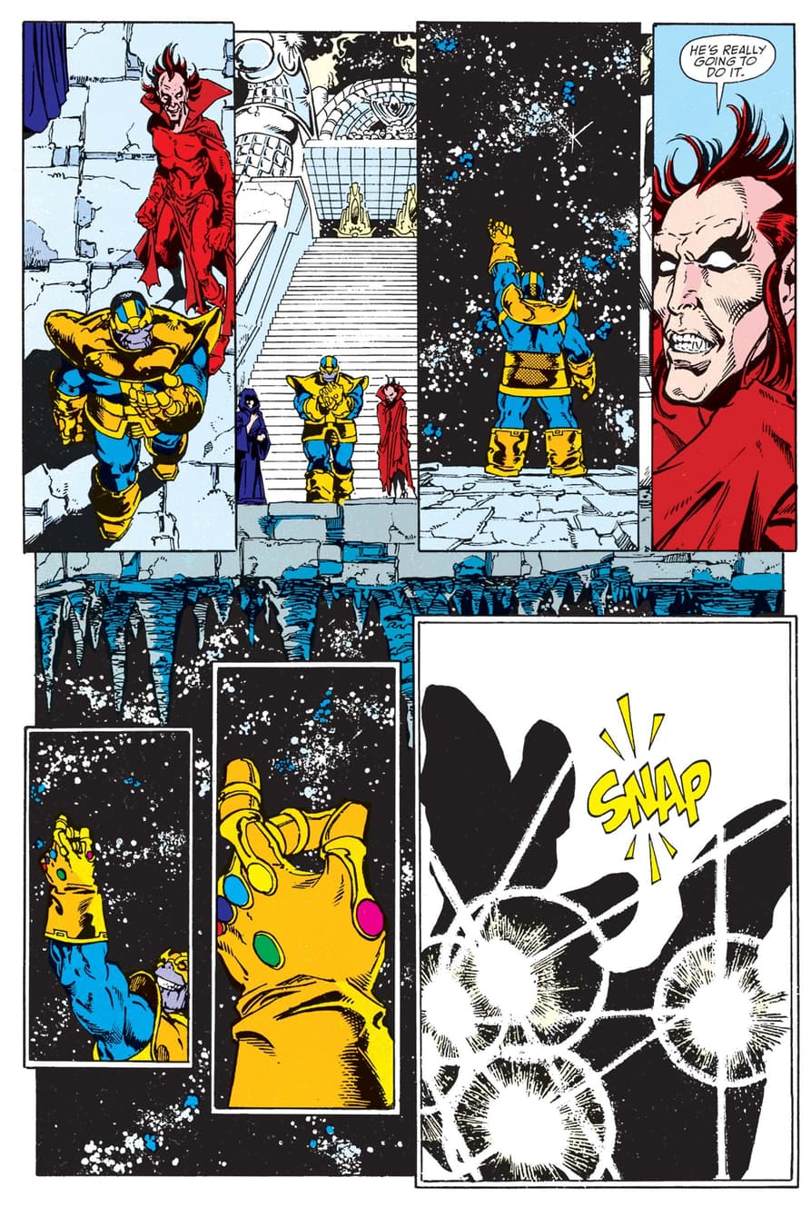Thanos' famous snap in INFINITY GAUNTLET #1.