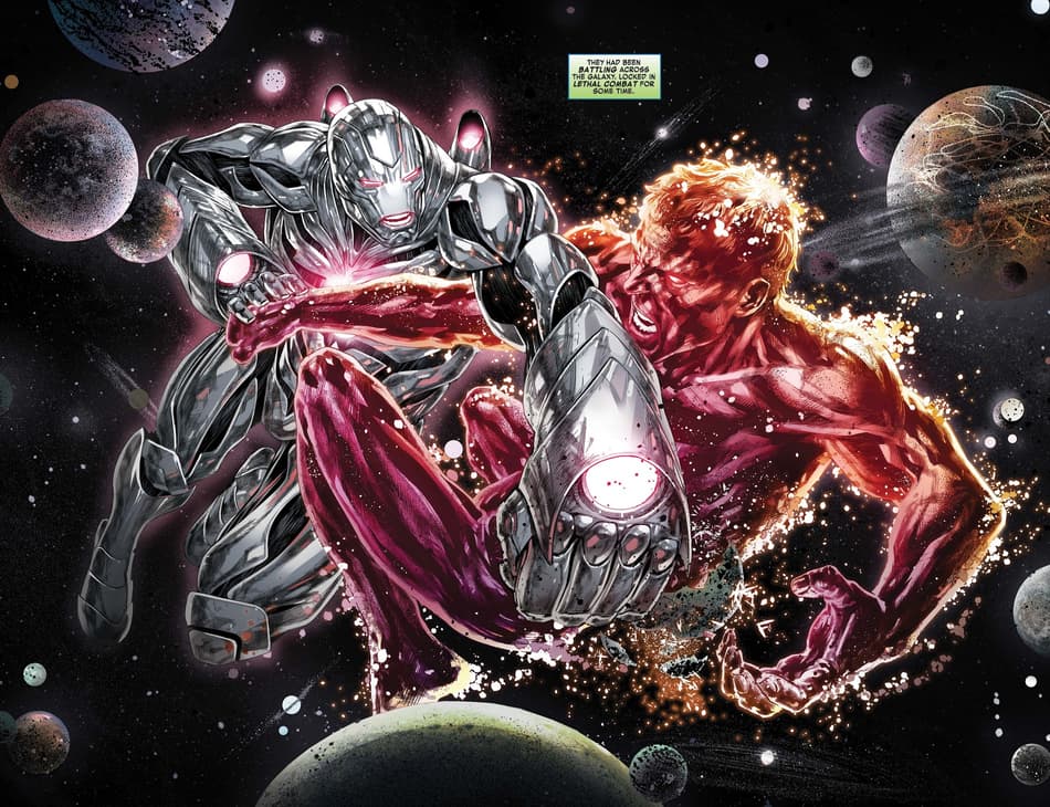 Iron Man fights Korvac as a cosmic god in IRON MAN (2020) #15.