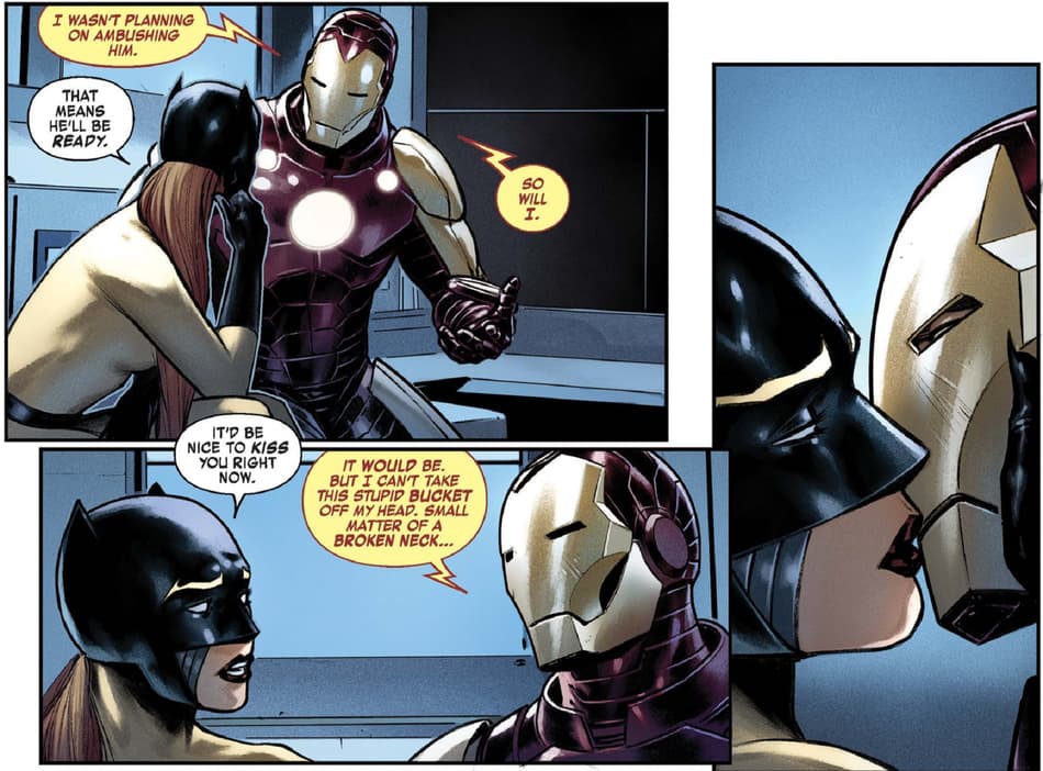 IRON MAN (2020) #7 Patsy and Tony share a kiss.