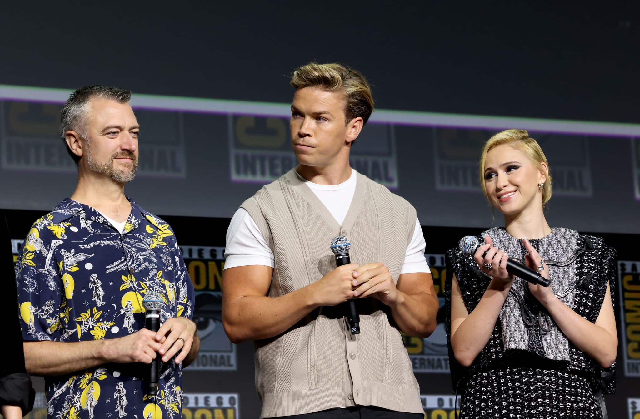 From left to right: Marvel Studios' 'Guardians of the Galaxy Volume 3' stars Sean Gunn, Will Poulter, and Maria Bakalova