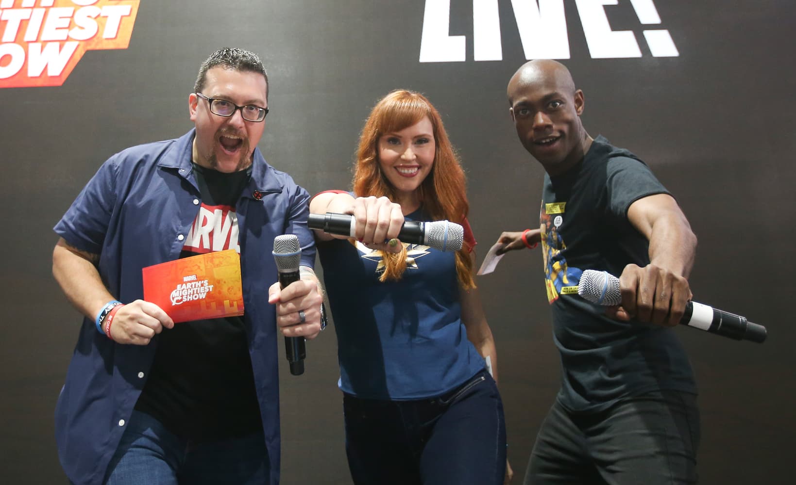 From left to right: Marvel Live Hosts Ryan "Agent M" Penagos, Lorraine Cink, and Langston Belton