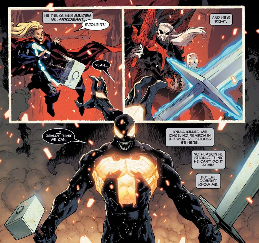 Venom combines the might of Mjolnir with the Silver Surfer's surfboard.