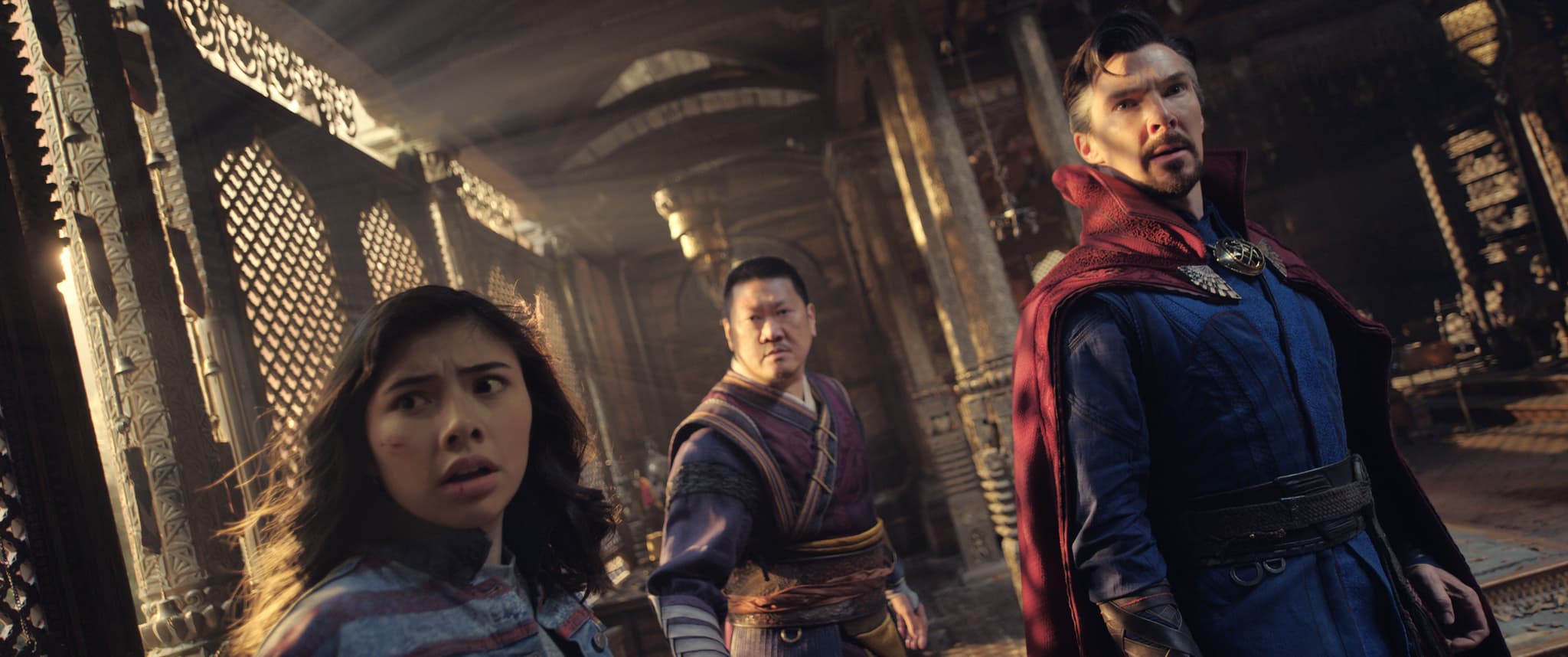 Doctor Strange in the Multiverse of Madness - America Chavez (Xochitl Gomez), Wong (Benedict Wong), and Doctor Strange (Benedict Cumberbatch)