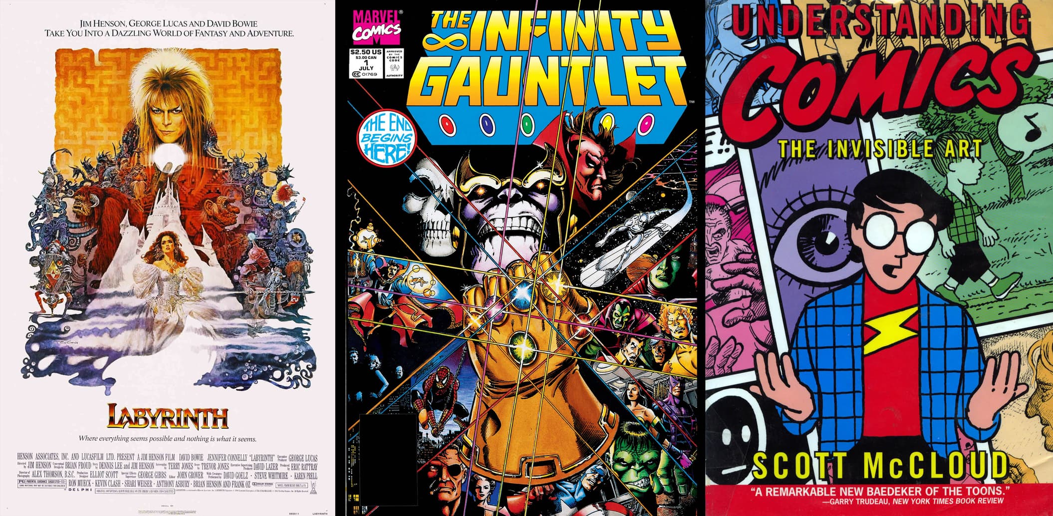 Labyrinth poster, Infinity Gauntlet, Scott McCloud's Understanding Comics