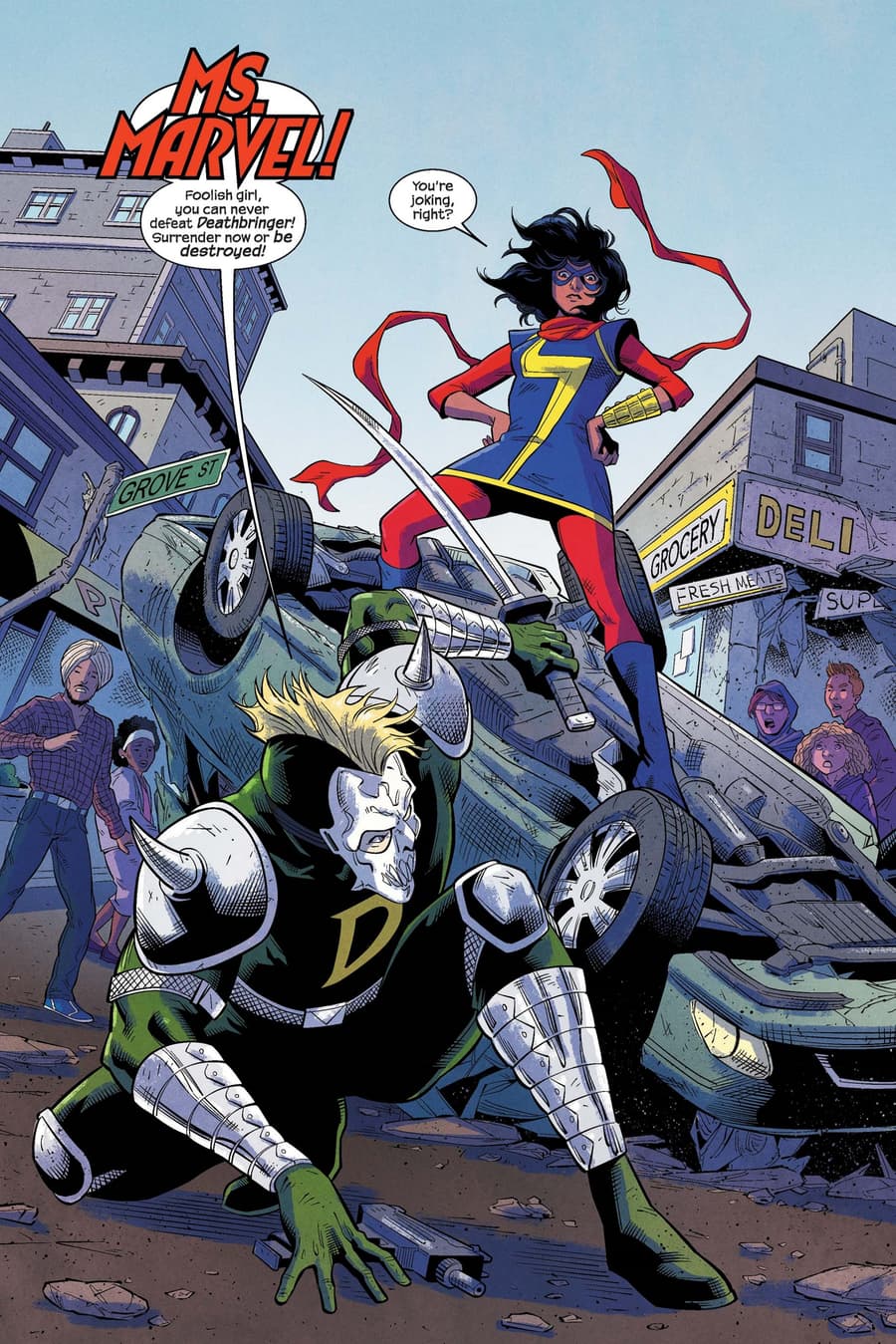 Ms. Marvel stands over a local villain in New Jersey.