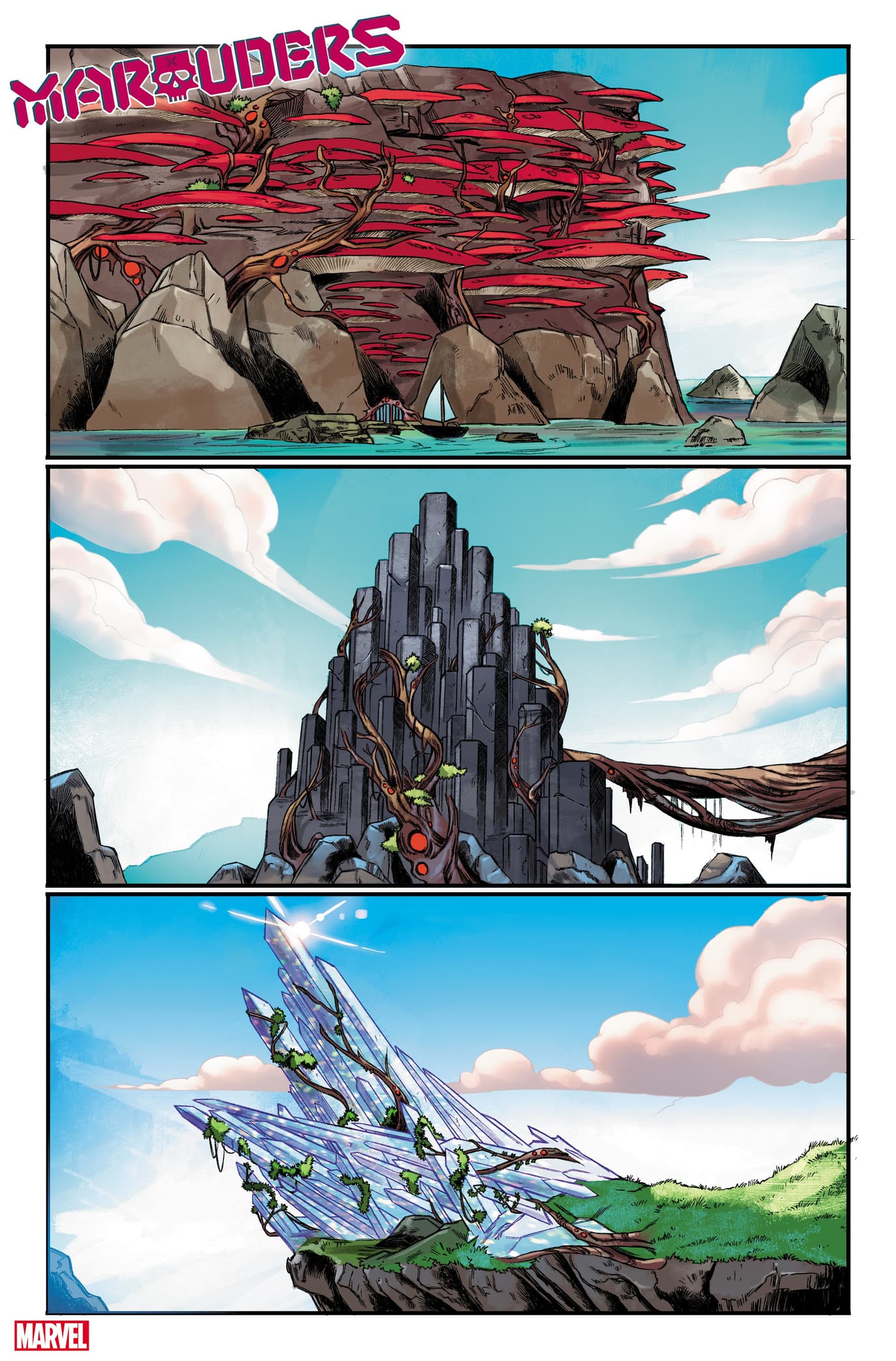 MARAUDERS #3 art by Michele Bandini, inks by Bandini and Elizabettea D’Amico, and colors by Federico Blee