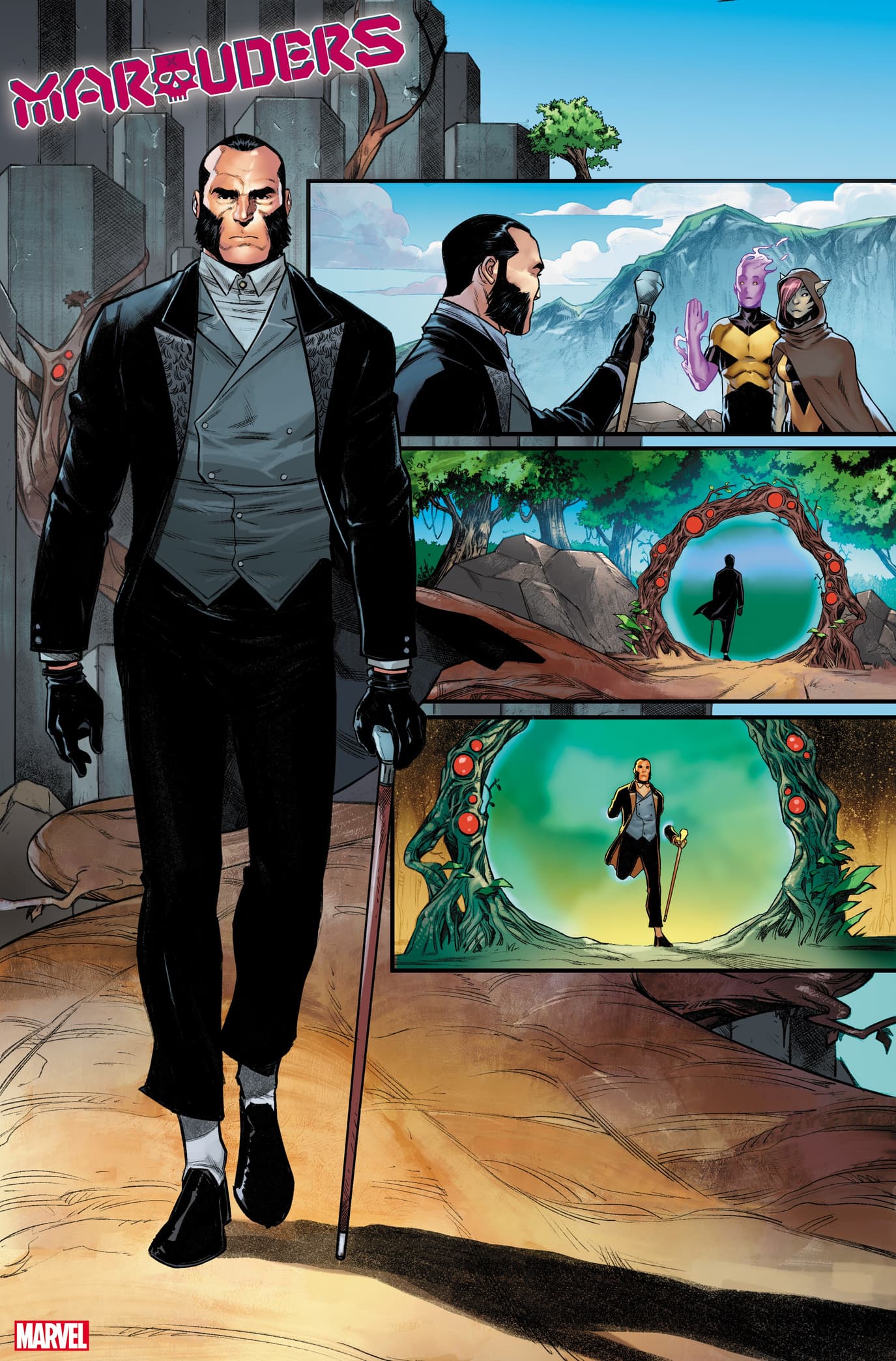 MARAUDERS #3 art by Michele Bandini, inks by Bandini and Elizabettea D’Amico, and colors by Federico Blee