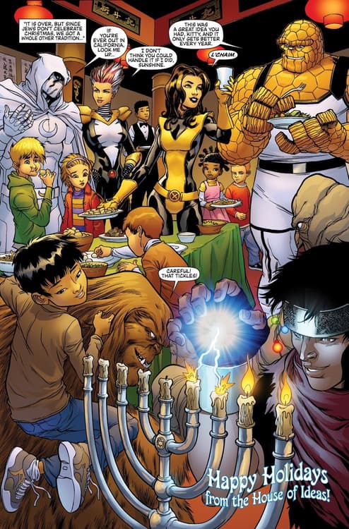 A handful of heroes celebrate Hanukah with a group of children.