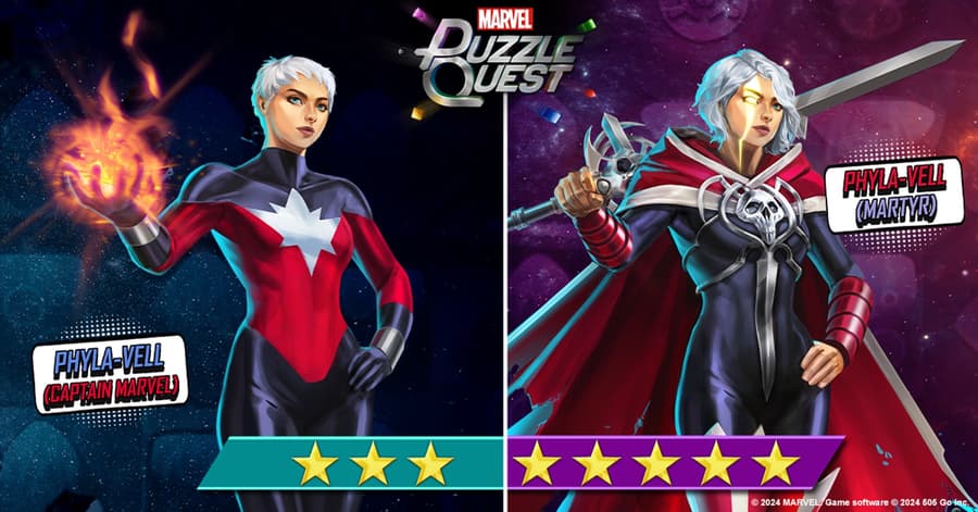 Phyla-Vell (Captain Marvel) and Phyla-Vell (Martyr) join MARVEL Puzzle Quest!