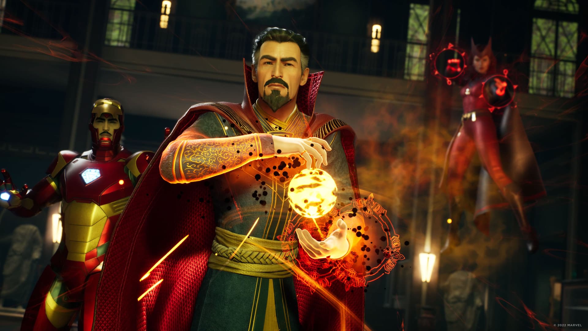 Marvel's Midnight Suns screenshot shows Iron Man, Doctor Strange, and Scarlet Witch in action.