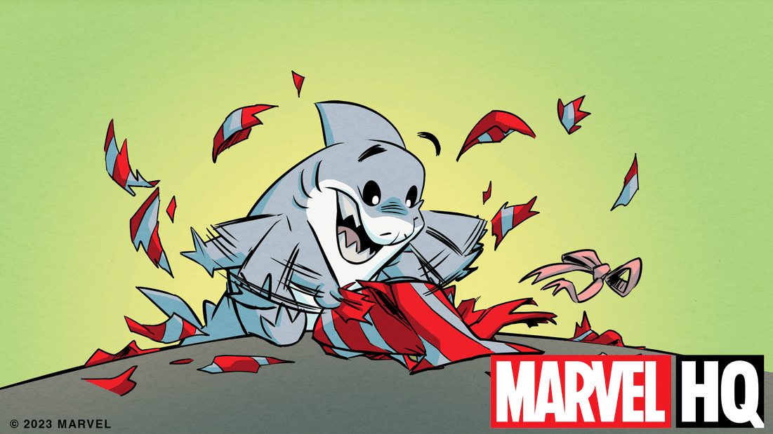 Jeff the Land Shark opens a gift in 'It's Jeff & the Avengers'